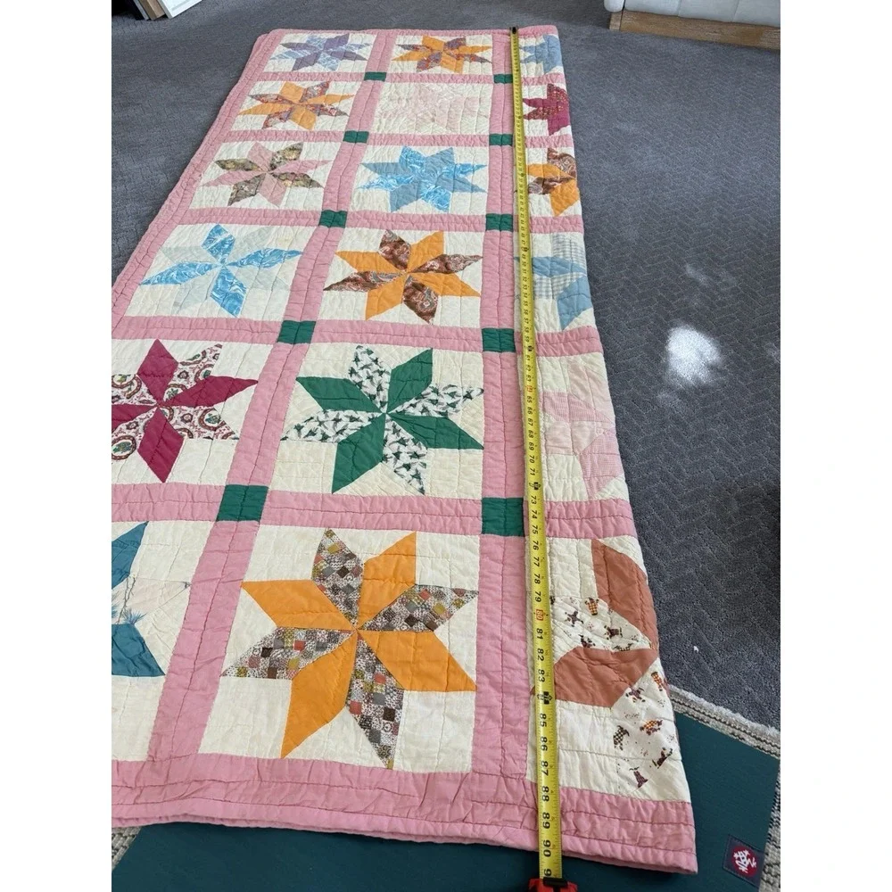 Vintage Hand Quilted Pinwheel Star Quilt 78x90 Handmade Feedsack c.1940s